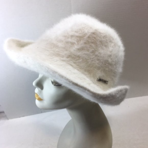 VTG 90s Parkhurst White Fuzzy Angora Mix Wide Adj Wired Brim Hat 22" - Picture 1 of 10